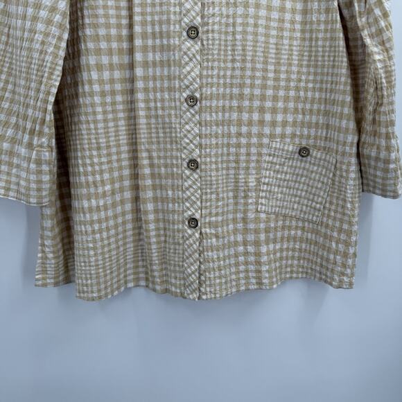 Ali Miles Top Shirt Womens XL Yellow Tan Textured Button Breathable Seersucker - Picture 10 of 11
